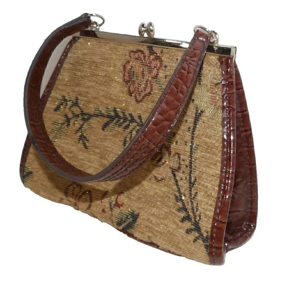 LIZ CLAIBORN brown & gold tapestry look satchel, evening bag, handbag, purse